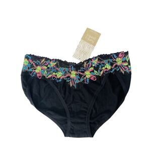HANKY PANKY V-Kini Small Black Multi Cotton Blend Lace Floral USA 251387 NWT